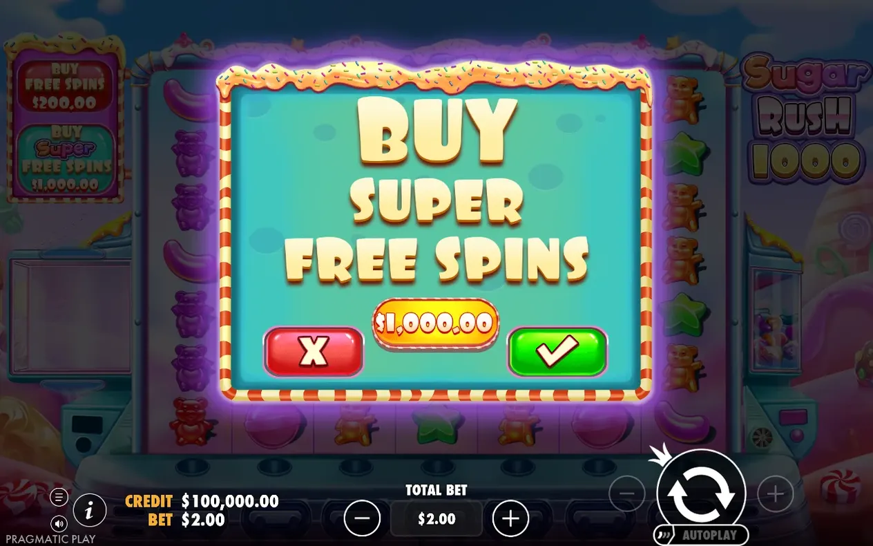 Buy Super Free Spins popup shows a $1,000.00 price with red X and green checkmark buttons.