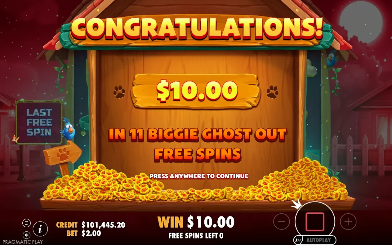 Congratulations screen shows a $10.00 win after 11 Biggie Ghost Out Free Spins, free spins left 0.
