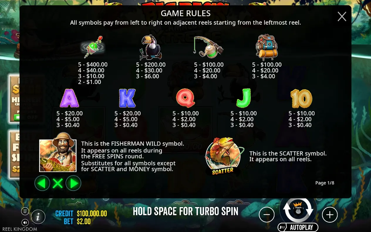 Game Rules page 1/8 lists payouts for the lure, toucan, rod, backpack, royals, wild and scatter.