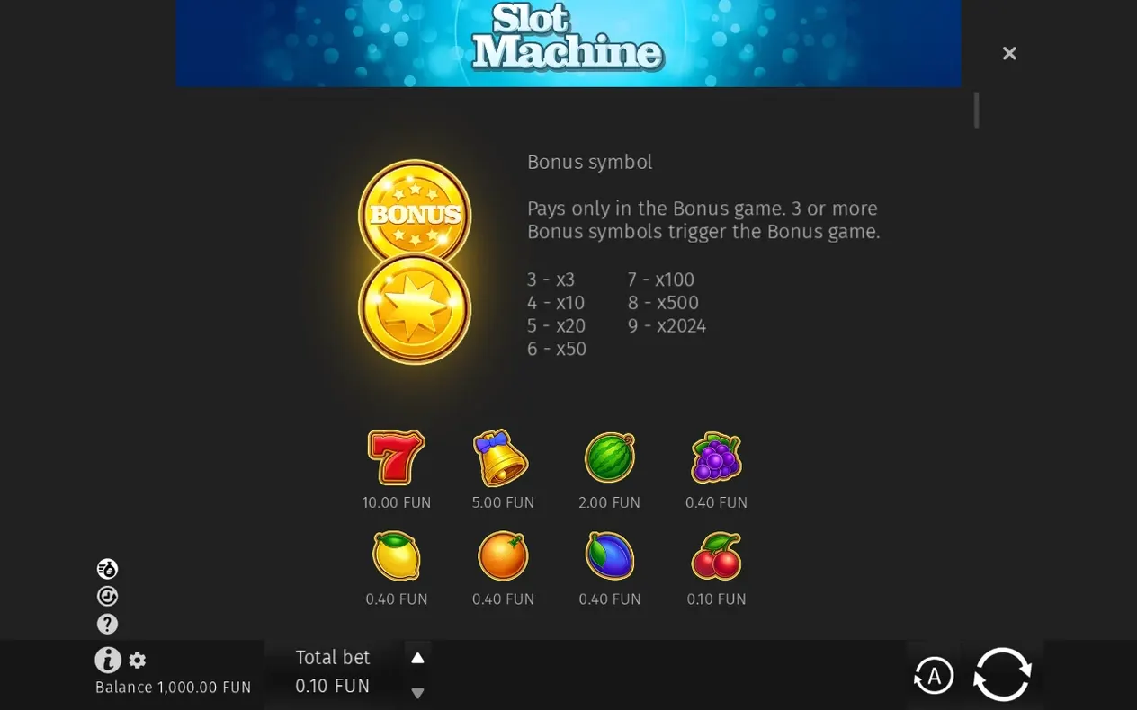 Paytable lists BONUS coin payouts from x3 to x2024 plus fruit symbol values like the red 7 at 10.00 FUN.