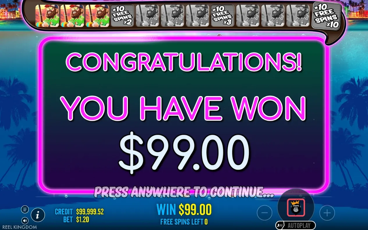 Pink-bordered win screen reads CONGRATULATIONS! YOU HAVE WON $99.00 with 0 free spins left.
