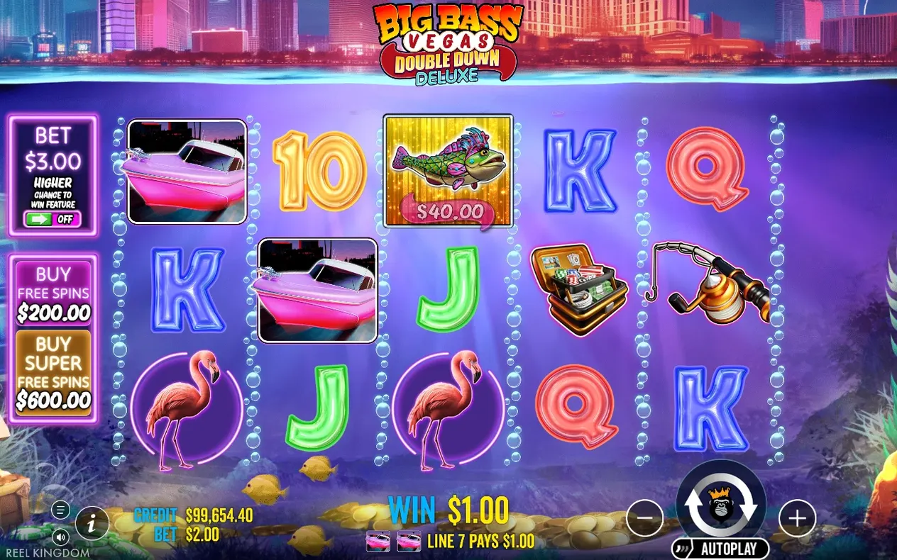 Base game reels show a $40.00 fish, speedboat, flamingo and K symbols after a $1.00 win