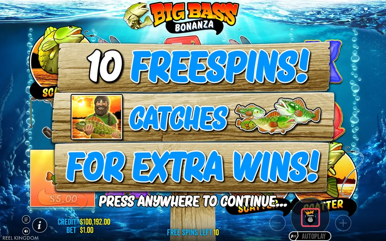 Free Spins intro banner reads 10 FREESPINS, fisherman WILD catches fish for extra wins, 10 spins left