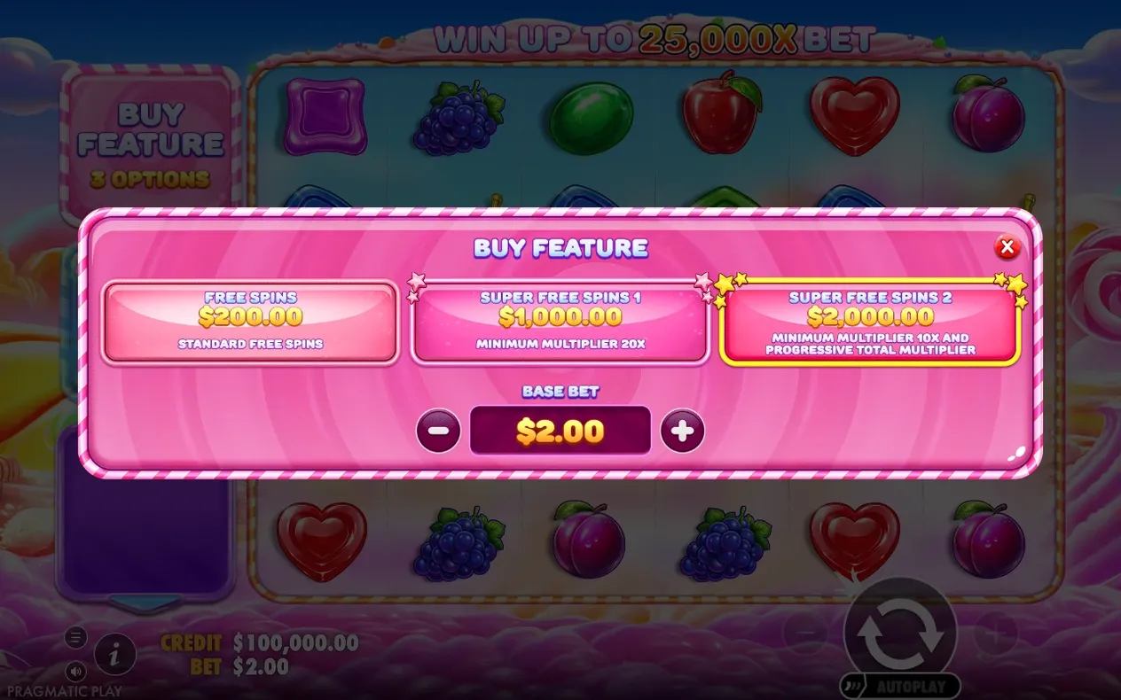 Buy Feature popup shows three pink tiles: Free Spins $200, Super Free Spins 1 $1,000, Super Free Spins 2 $2,000.