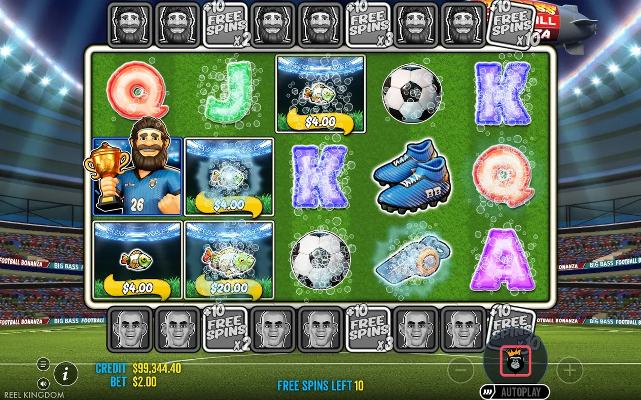 Mega Free Spins reels with bubble-covered symbols and blue footballer Wild holding a trophy; Free Spins Left shows 10.