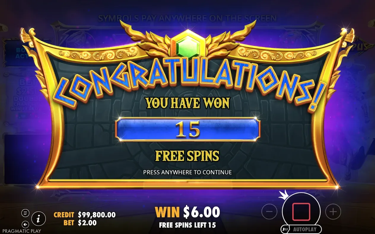 Congratulations banner announces 15 free spins won, showing a $6.00 trigger win below the arch