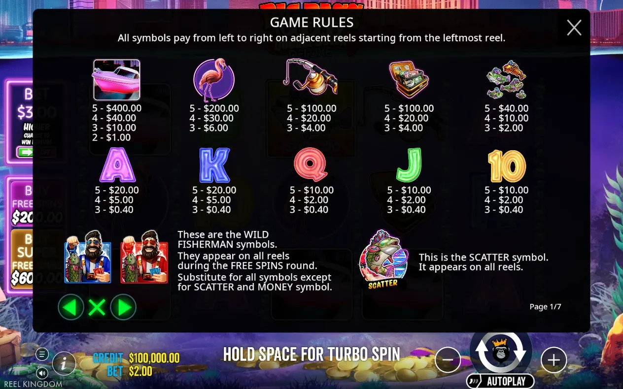 Game Rules paytable lists payouts for boat, flamingo, fishing reel, briefcase and letter symbols