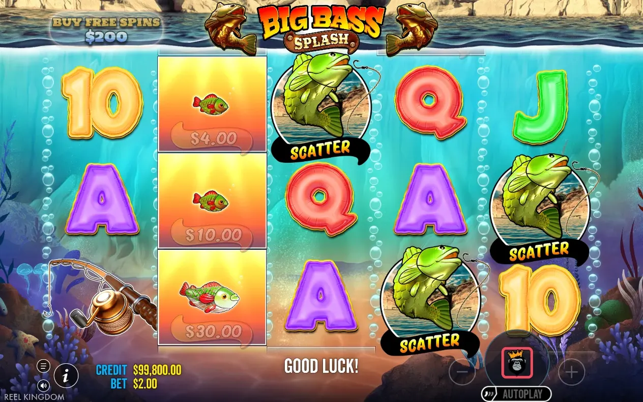 Three green bass Scatter symbols land with fish money values $4, $10 and $30 shown, triggering Free Spins