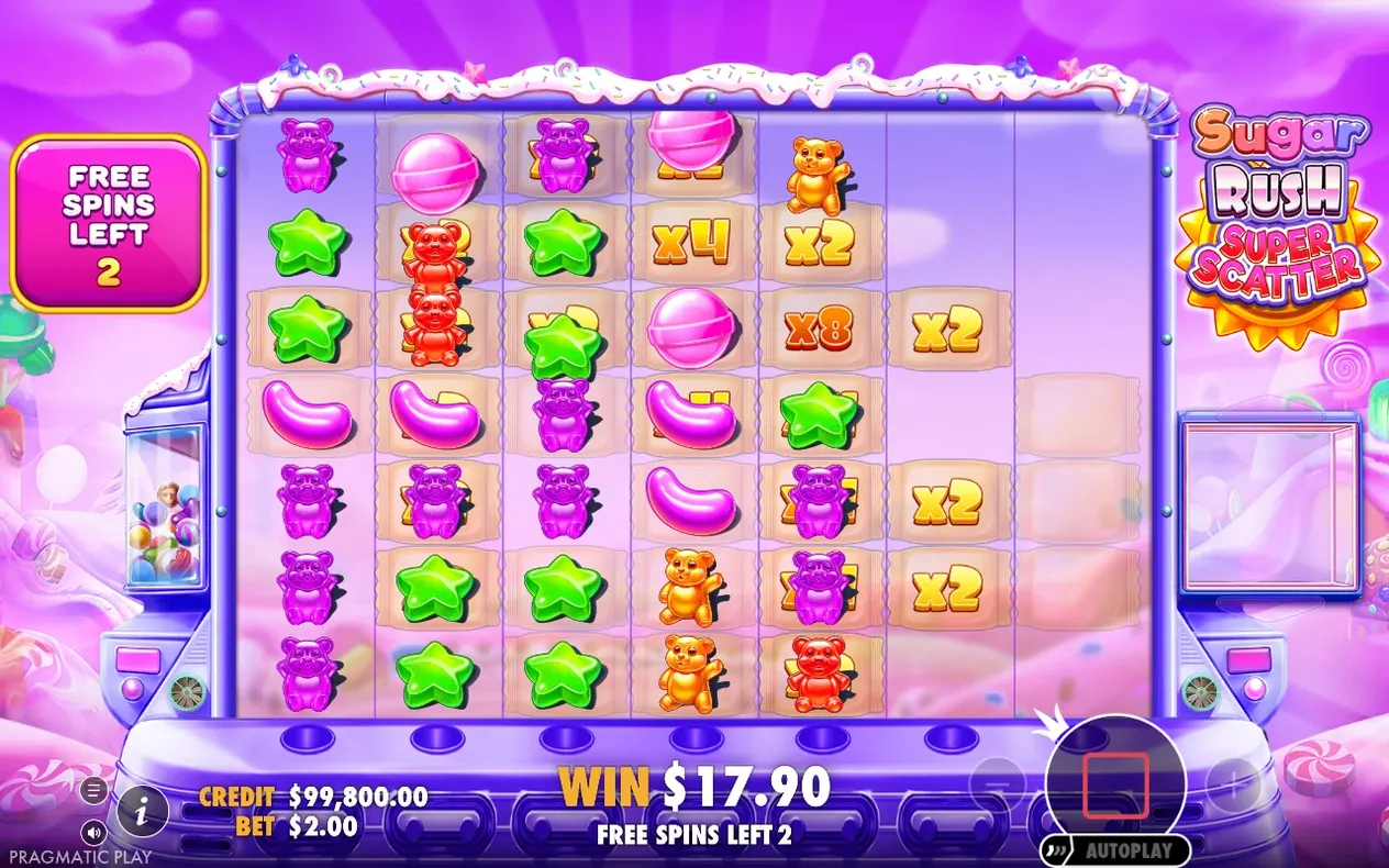Free spins grid shows x2, x4 and x8 multiplier tiles with a $17.90 win and 2 spins left.