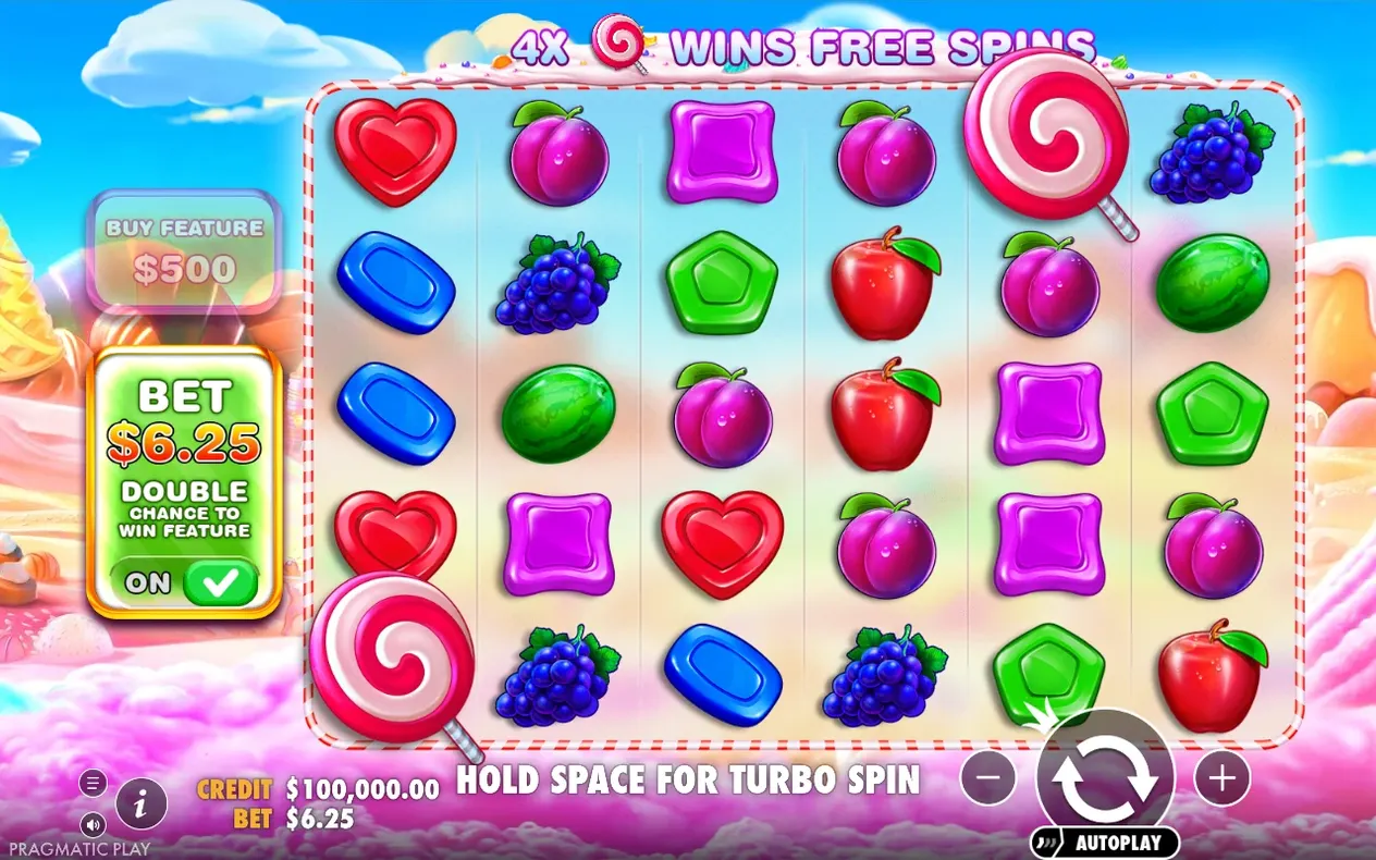 Base game grid with Ante Bet ON, bet $6.25, banner reads 4X lollipop wins free spins
