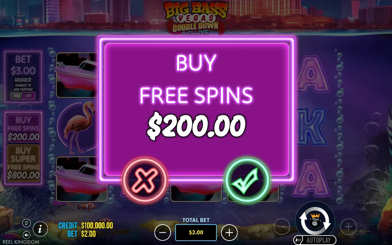 Buy Free Spins confirm popup shows $200.00 price with red X cancel and green check buttons