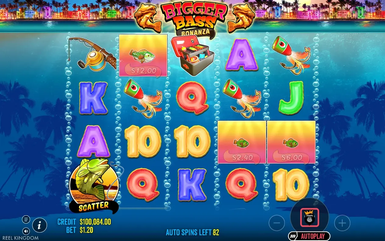 Base game reels show a scatter fish, money tags up to $12.00, and Auto Spins Left 82.