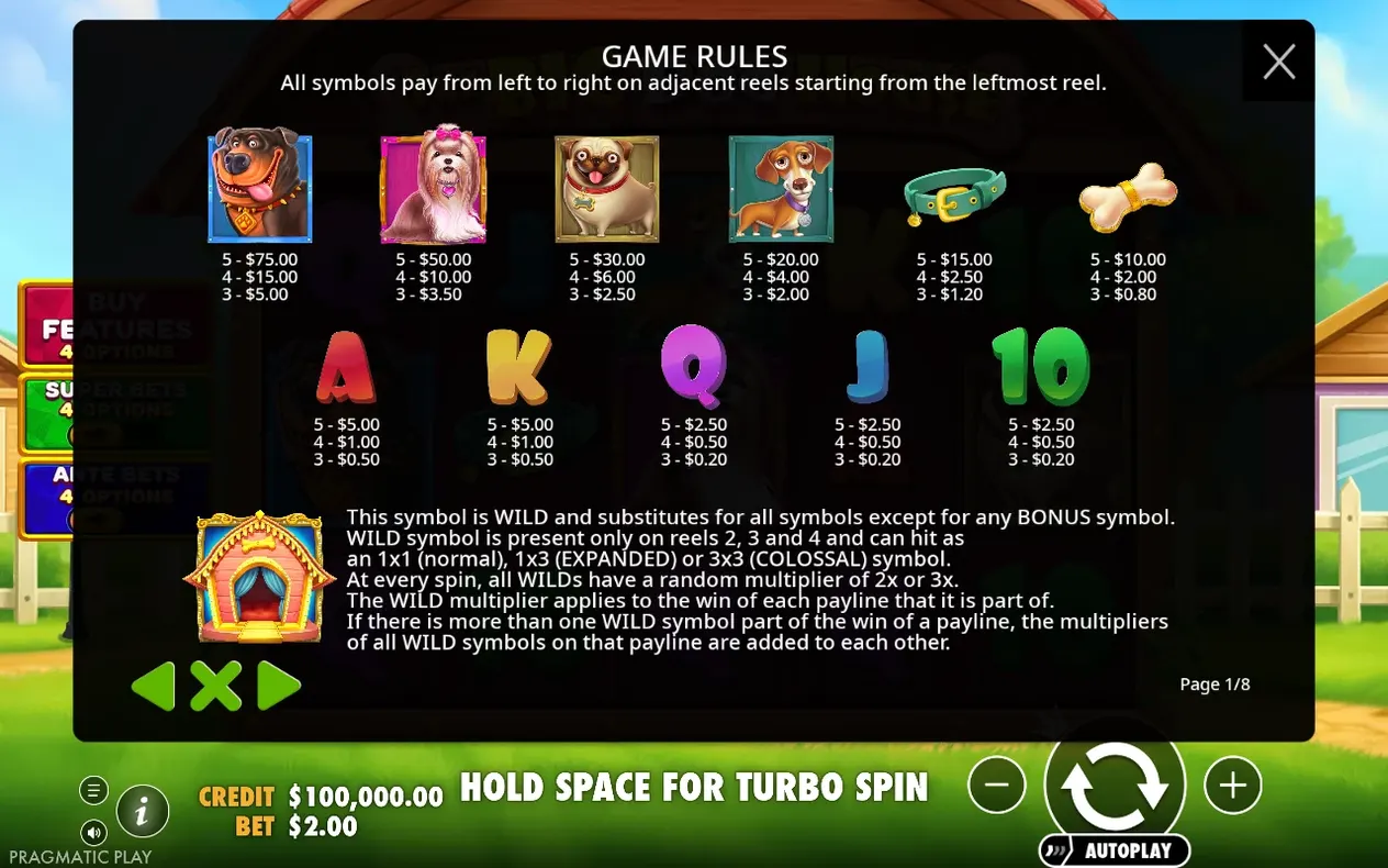 Paytable page 1 of 8 shows dog symbol payouts and the wild doghouse symbol's substitution rules.
