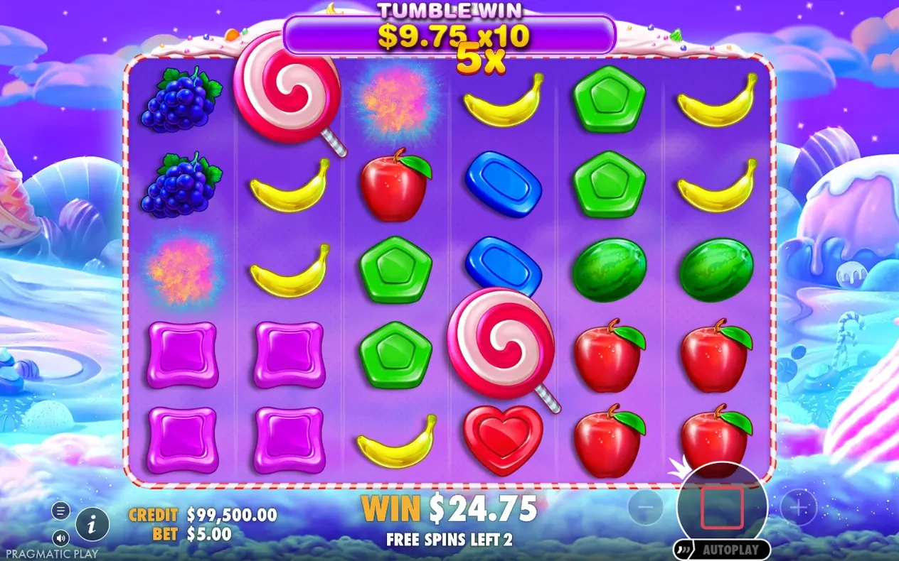 Free spins tumble win banner shows $9.75 x10 with a 5x multiplier, total WIN $24.75, 2 spins left