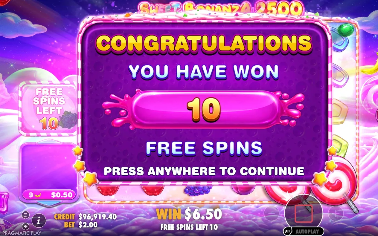 Purple plaque announces 10 Free Spins won, with Free Spins Left 10 and Win $6.50 shown below.