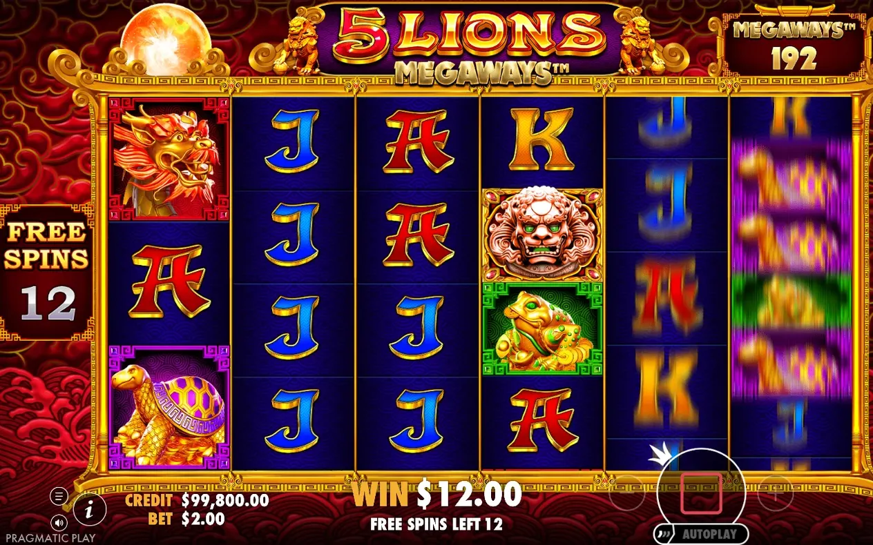 Free spins round shows 12 spins left, a $12.00 win, Megaways 192, and a wild lion medallion on reel four.