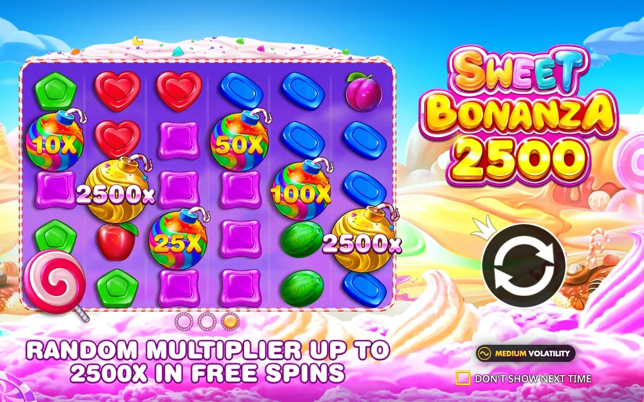 Intro slide shows reel grid with 10X, 50X, 100X, 25X and two 2500X multiplier bombs beside the game logo.